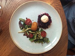 The red beet starter. Here with a croquette with goat cheese but can easily be ordered without to make it vegan. at Slot Oostende in Goes