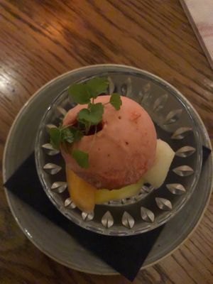 Dessert from the chef’s menu, strawberry sorbet with fresh fruit. at Slot Oostende in Goes