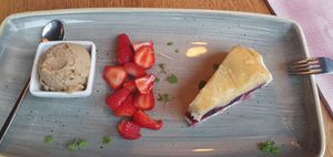 Vegan desert; cherrypie, caramel-peanut-icecream at Slot Oostende in Goes
