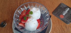 Vegan desert; lime icecream and strawberries at Slot Oostende in Goes