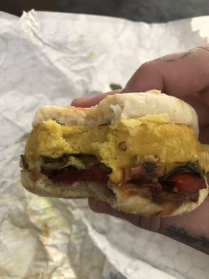 Vegan “egg”, vegan cheese, tomato and spinach English muffin   at Whole Foods Market in Longmont