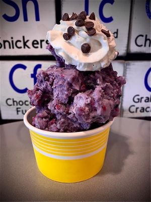 Coconut Base, Blueberry flavor with raspberries and strawberries topping
 at Creamlab N7 in Midland