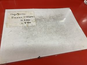 Back of regular menu that lists one vegan / vegetarian ramen option with medium and large size available   at Tokkyu Ramen in Kyoto