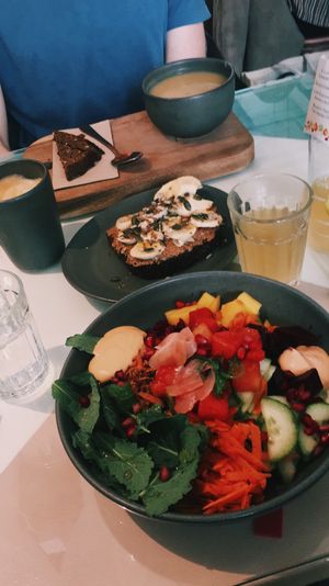 Salad bowl is vegan. There’s honey in the peanut butter toast. at Nutbutter in Dublin