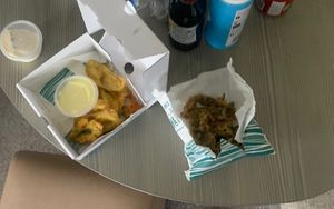 Frickles and tempura samphire   at Chesil Chippie in Portland