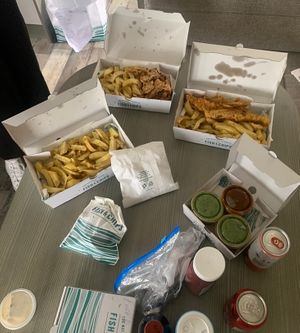 Vegan fish and chips and vegan calamari   at Chesil Chippie in Portland