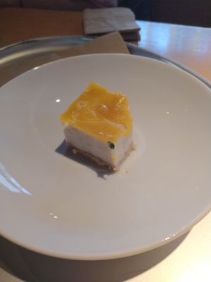 Passion fruit cheesecake, vegan and gluten free at Tibits in Basel