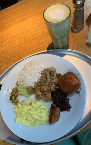 Buffet and vanilla matcha latte with oat milk  at Tibits in Basel