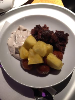 desert: hot chocolate cake, chai tea creme and pineapple (vegan) at Tibits in Basel
