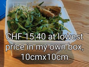 For benchmarking, this small salad in my own box cost CHF15.40 at Tibits in Basel