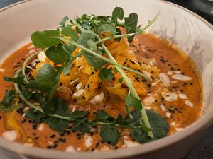 Garam masala red curry - coconut - pumpkin two ways (pickled / oven roasted) - watercress - almond at Camion in Antwerpen