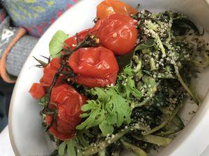Beluga lentil salad, zucchini, grilled tomato, hempseeds at Camion in Antwerpen