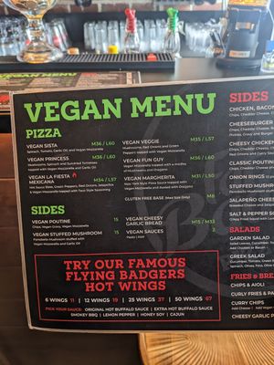 Vegan section on menu at Fat Badgers Pizza Bar in Queenstown