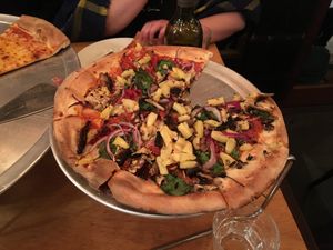 The Princess, with pineapples instead of feta (they’d run out of vegan cheese) at Fat Badgers Pizza Bar in Queenstown