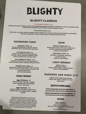 Menu  at Blighty - Tottehnam in North London