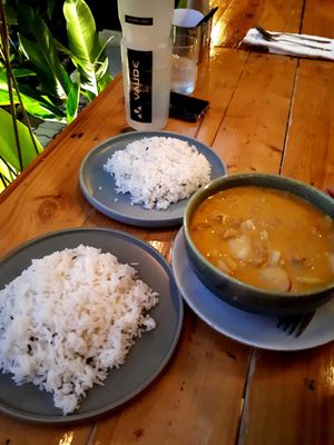 Yellow curry and 2 rice 140 bath at Friendship Concept in Pai
