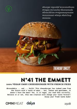 THE EMMET, 100% Vegan burger with Omnimeat steak + Daiya vegan cheese & homemade french fries or sweet potatoes fries or salad at Friendship Concept in Pai