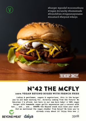 THE MC FLY, 100% Vegan burger with Beyond meat + Daiya vegan cheese steak & homemade french fries or sweet potatoes fries or salad at Friendship Concept in Pai