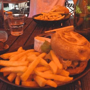 Vegan Teriyaki jackfruit burgers w fries   at Halo in Queenstown