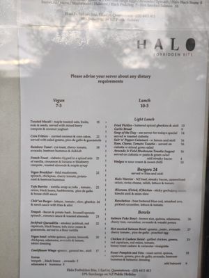 Vegan menu at Halo in Queenstown