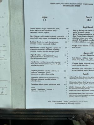 Menu 5th Sept 2022  at Halo in Queenstown