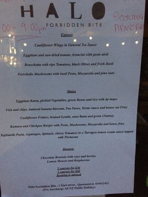 Example of the vegan menu for dinner at Halo in Queenstown