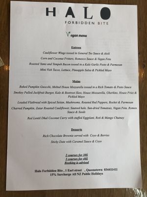  Egan evening menu  at Halo in Queenstown