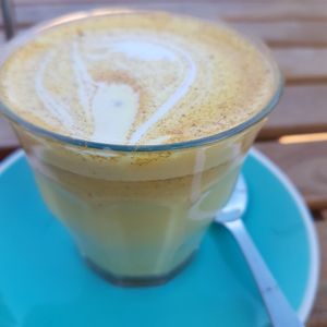 Turmeric latte with macadamia milk at Gardener's Lodge in Camperdown