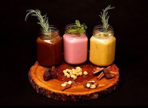 Hummus Shake !! Crazy ! yes we are : 
1- chocolate hummus pistachio
2- strawberry hummus almond
3- Spicy pumpkin cinammon hummus
 at Hummus Heads in Bangkok