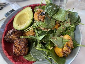 Pumpkin, chick pea and avocado bowl with beetroot hummus.  at Press in Dubbo