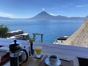 Breakfast view from the restaurant at Laguna Lodge & Zotz Restaurant in Santa Cruz La Laguna