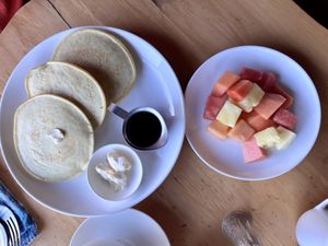 Pancakes & fruit  at Laguna Lodge & Zotz Restaurant in Santa Cruz La Laguna