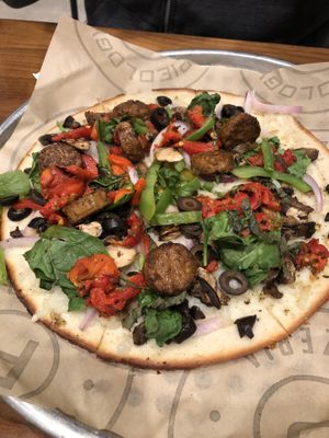 With vegan sausage  at Pieology in Dublin