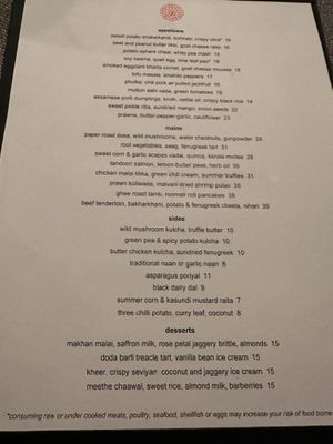 Menu  at Indian Accent in New York City