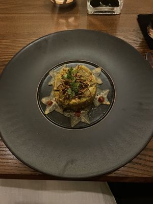 Sweet potato shakarkandi, starfruit, crispy okraa #Veganuary at Indian Accent in New York City