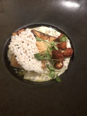 King trumpet mushrooms with cauliflower from tasting menu  at Indian Accent in New York City