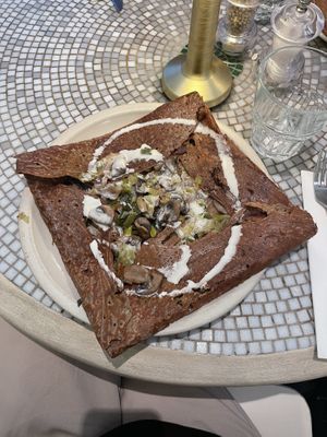 Galette with leek, mushrooms, garlic and soy cream  at Chez Germain in Paris