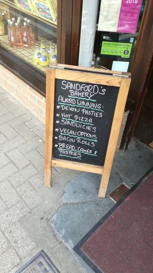 outside board at Sandford's Bakery in Great Torrington