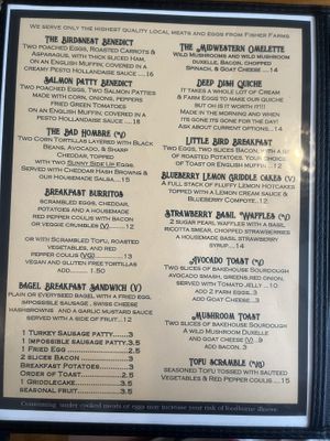Menu marks vegan and vegetarian   at Bird's Nest Cafe in Nashville