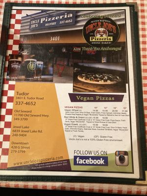 Dine-in menu as of December 2023 — vegan options on first page!  at Uncle Joe's Pizzeria in Anchorage