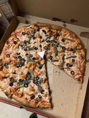 Red, White, and Green pizza (but I replaced the roma tomatoes with black olives)  at Uncle Joe's Pizzeria in Anchorage