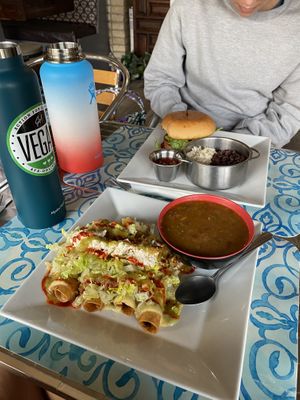 Flautas with charro beans, beyond burger also pictured at Veggie Del Sol in Brownsville