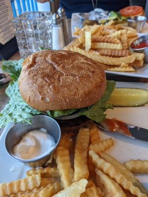 Impossible Burger and side of fries at Steve's Steakhouse in Santa Catalina Island