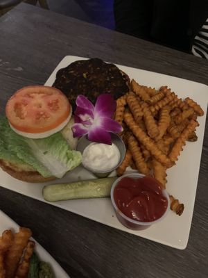 Black bean burger, pretty bland. Could’ve been leveled up  at Steve's Steakhouse in Santa Catalina Island