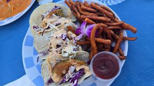 Avocado tacos and sweet potato fries. at Steve's Steakhouse in Santa Catalina Island