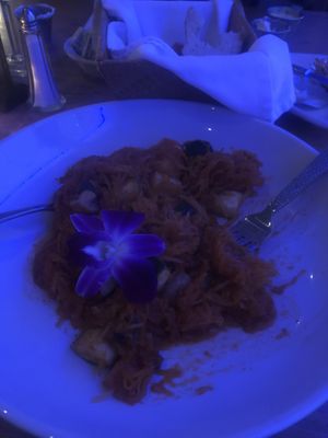 Spaghetti Squash dinner under interesting lighting  at Steve's Steakhouse in Santa Catalina Island