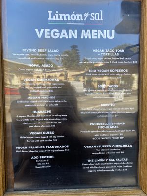Separate vegan menu at Limón y Sal in Ventura
