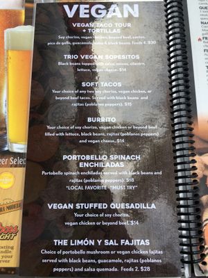 vegan menu at Limón y Sal in Ventura