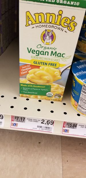 Annie's organic vegan mac n cheese cheddar style. at Food Lion in Berkeley Springs