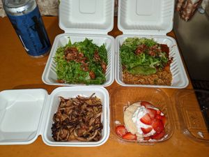 Clockwise starting from upper left: Adobo Tostadas, Enchiladas, Strawberry Shortcake, Wild Mushroom Polenta.  Beer is from Overtime Brewing (unrelated!) at Ravens' Restaurant in Mendocino